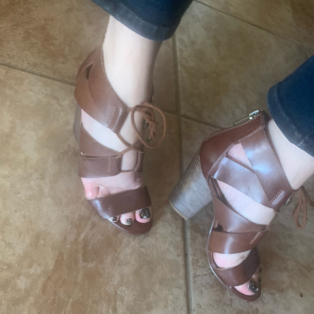 Cognac vegan leather lace up wedge heels